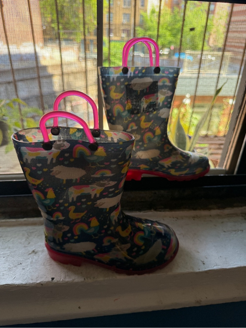 Kids Light Up Rain Boots with Pink Handles and Rainbow Print